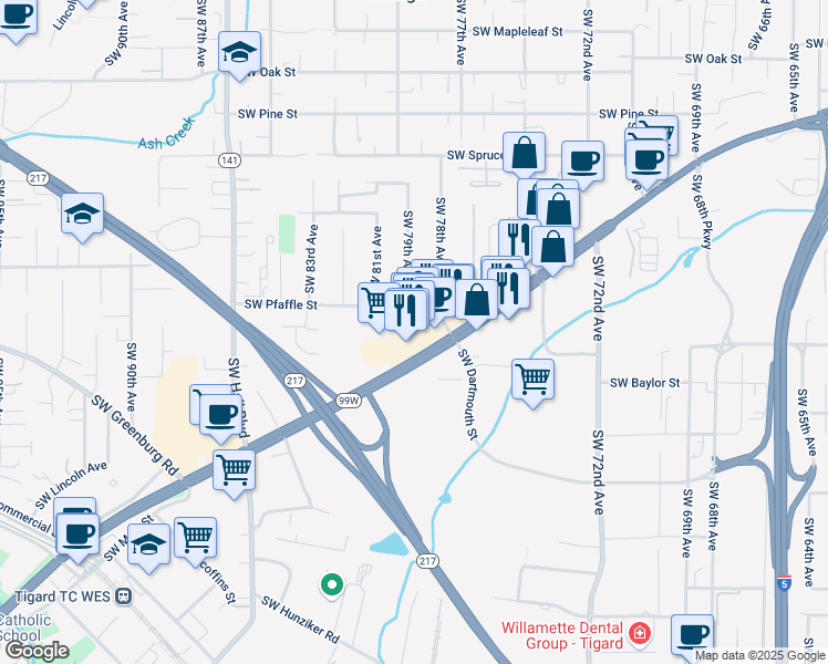 map of restaurants, bars, coffee shops, grocery stores, and more near 11300 Southwest 79th Avenue in Tigard