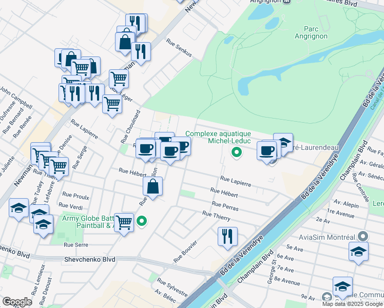 map of restaurants, bars, coffee shops, grocery stores, and more near 7500 Rue Jean-Chevalier in Montréal
