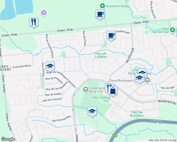 map of restaurants, bars, coffee shops, grocery stores, and more near 15 Rue de Munich in Gatineau