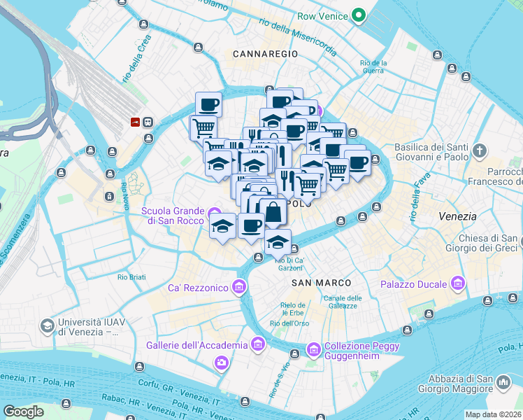 map of restaurants, bars, coffee shops, grocery stores, and more near Calle del Forno in Venezia
