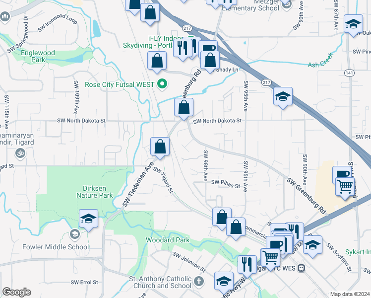 map of restaurants, bars, coffee shops, grocery stores, and more near 11335 Southwest Greenburg Road in Tigard