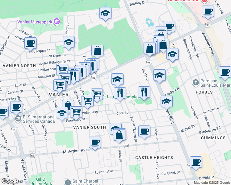 map of restaurants, bars, coffee shops, grocery stores, and more near 656 Église Street in Ottawa
