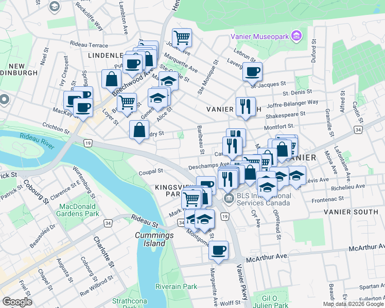 map of restaurants, bars, coffee shops, grocery stores, and more near in Ottawa