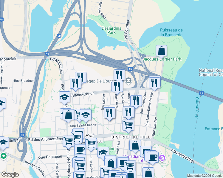 map of restaurants, bars, coffee shops, grocery stores, and more near in Gatineau