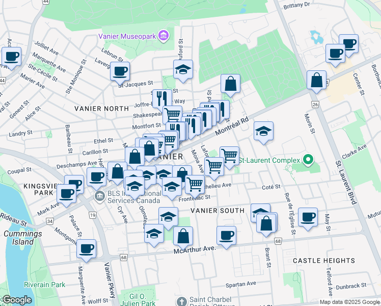 map of restaurants, bars, coffee shops, grocery stores, and more near 290 Mona Avenue in Ottawa