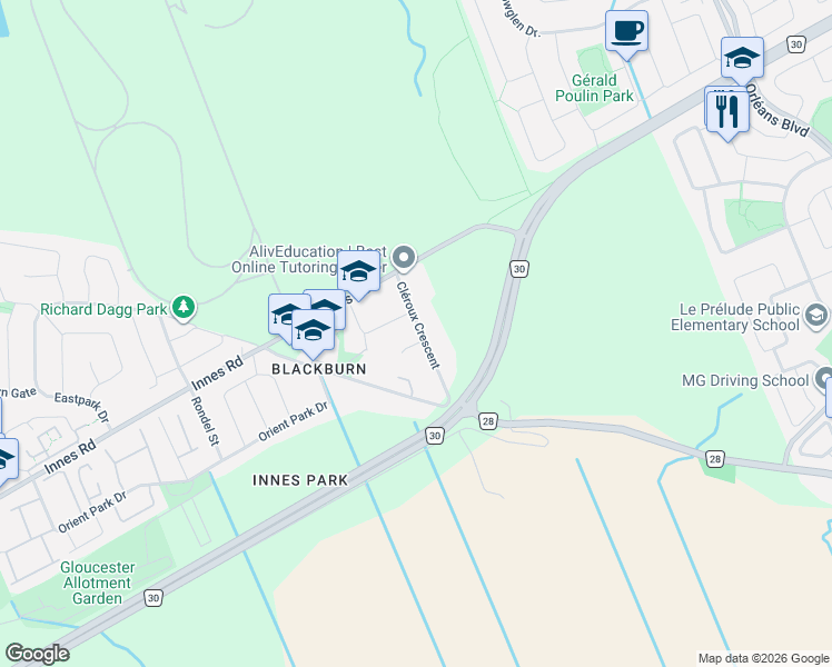 map of restaurants, bars, coffee shops, grocery stores, and more near 2593 Cléroux Crescent in Ottawa