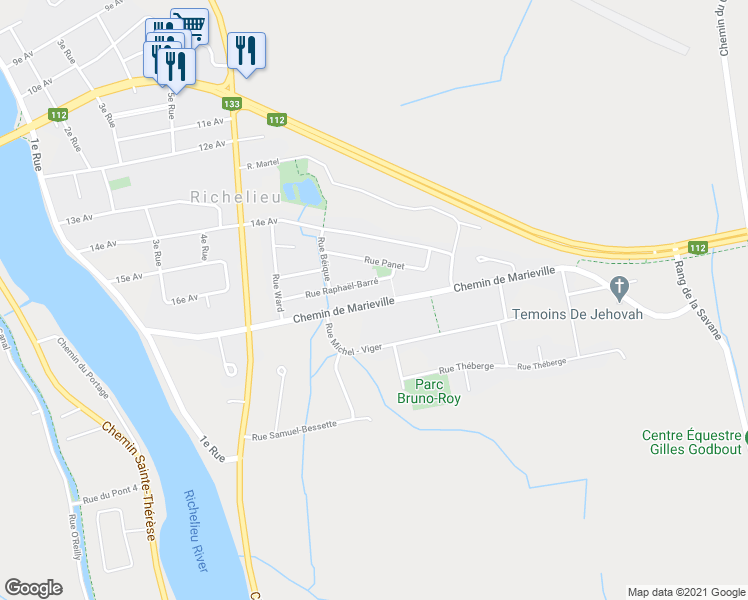 map of restaurants, bars, coffee shops, grocery stores, and more near 770 Chemin de Marieville in Richelieu
