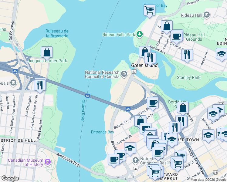 map of restaurants, bars, coffee shops, grocery stores, and more near 140 Sussex Drive in Ottawa