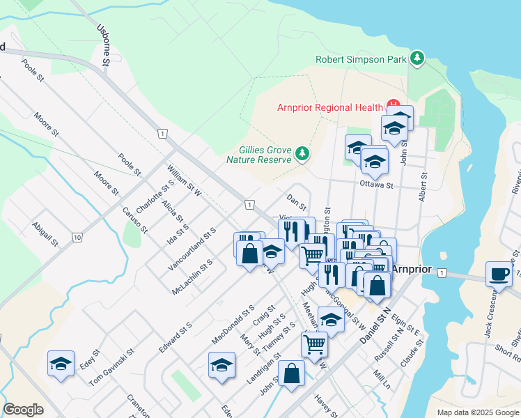 map of restaurants, bars, coffee shops, grocery stores, and more near 229 Elgin Street West in Arnprior