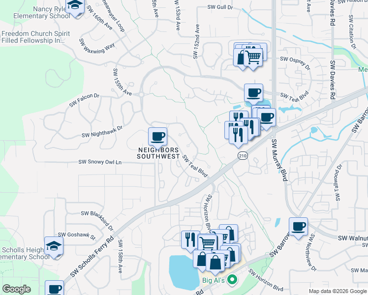 map of restaurants, bars, coffee shops, grocery stores, and more near 15265 Southwest Pintail Court in Beaverton