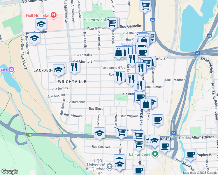 map of restaurants, bars, coffee shops, grocery stores, and more near Rue Dumas in Gatineau