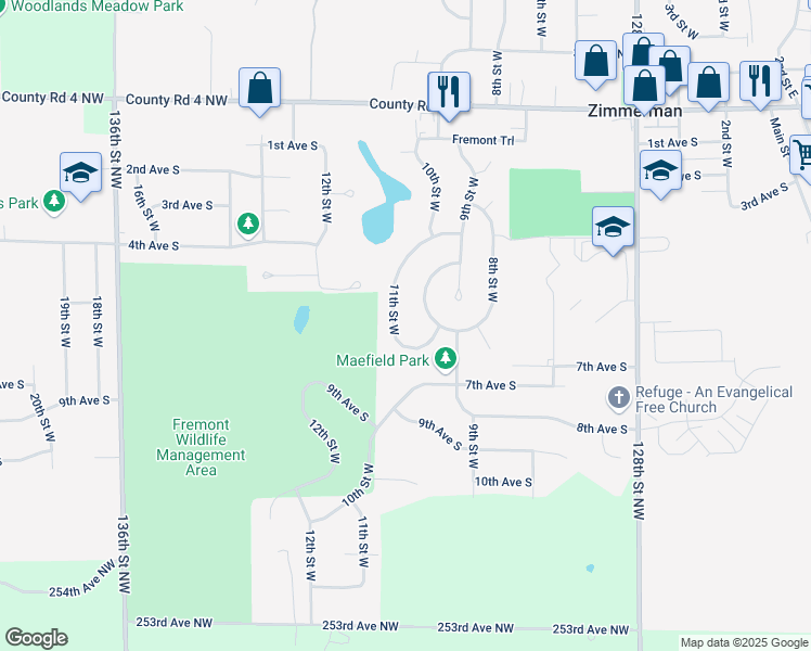 map of restaurants, bars, coffee shops, grocery stores, and more near 25797 11th Street West in Zimmerman