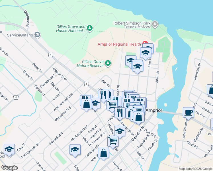 map of restaurants, bars, coffee shops, grocery stores, and more near in Arnprior