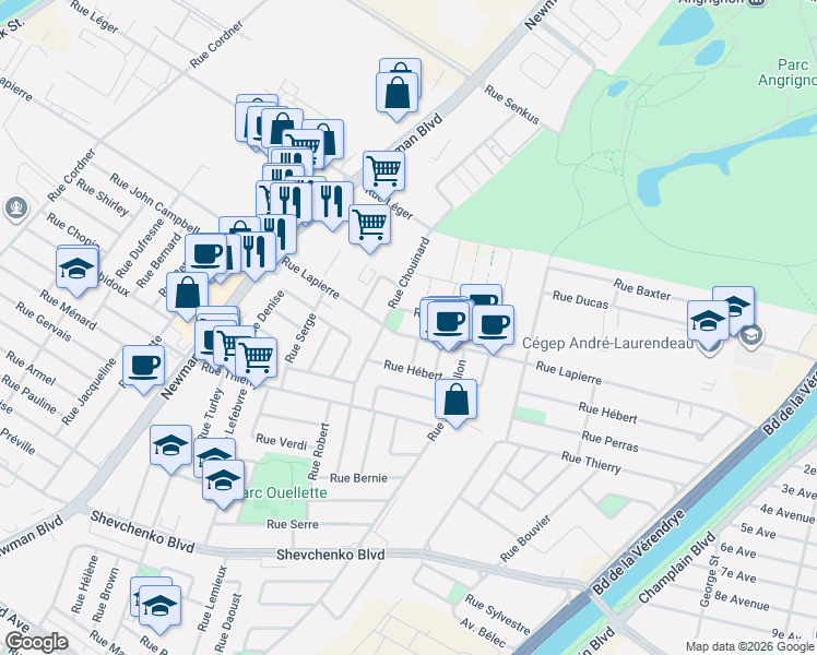 map of restaurants, bars, coffee shops, grocery stores, and more near 2063 Rue Lapierre in Montréal