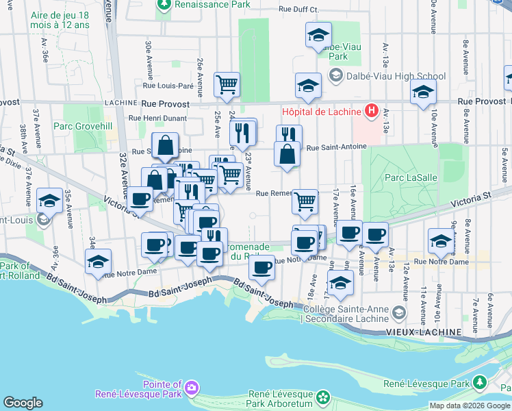 map of restaurants, bars, coffee shops, grocery stores, and more near 2305 Rue Remembrance in Montrã©Al