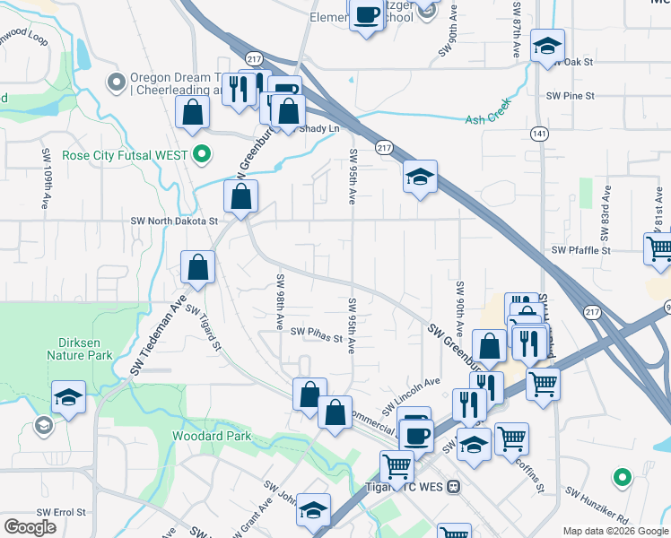 map of restaurants, bars, coffee shops, grocery stores, and more near 11343 Southwest 95th Avenue in Tigard