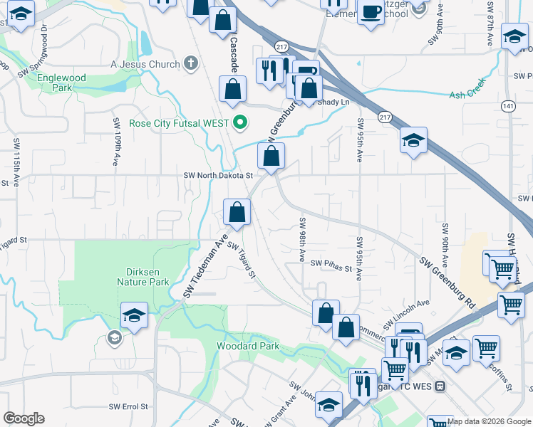 map of restaurants, bars, coffee shops, grocery stores, and more near 11335 Southwest Greenburg Road in Tigard
