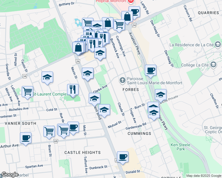 map of restaurants, bars, coffee shops, grocery stores, and more near in Ottawa