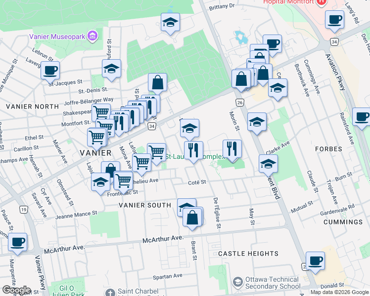 map of restaurants, bars, coffee shops, grocery stores, and more near 656 Église Street in Ottawa