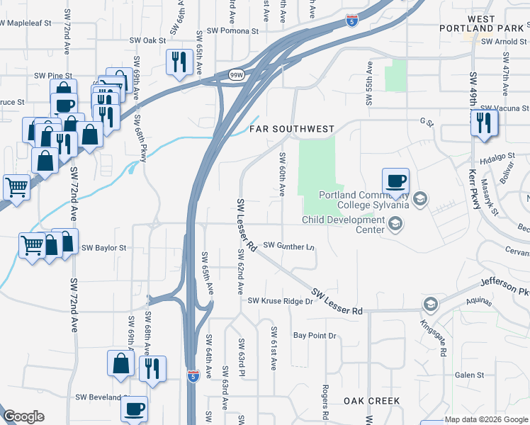 map of restaurants, bars, coffee shops, grocery stores, and more near 6039 Southwest Haines Street in Portland