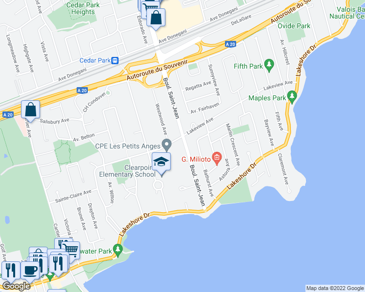 map of restaurants, bars, coffee shops, grocery stores, and more near 118 Boulevard Saint-Jean in Pointe-Claire