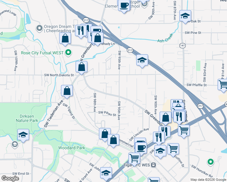 map of restaurants, bars, coffee shops, grocery stores, and more near 11343 Southwest 95th Avenue in Tigard
