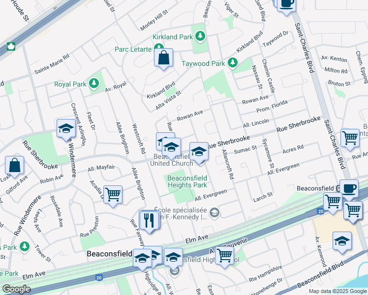map of restaurants, bars, coffee shops, grocery stores, and more near 213 Rue Sherbrooke in Beaconsfield