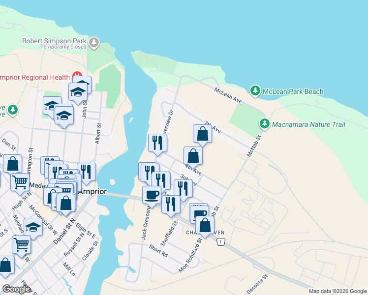 map of restaurants, bars, coffee shops, grocery stores, and more near 86 4th Avenue in Arnprior