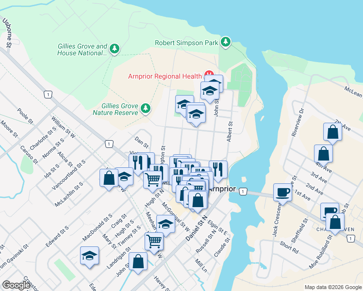 map of restaurants, bars, coffee shops, grocery stores, and more near 245 Harriet Street in Arnprior