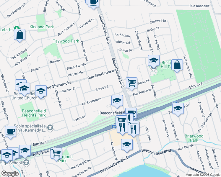 map of restaurants, bars, coffee shops, grocery stores, and more near 192 Acres Road in Beaconsfield