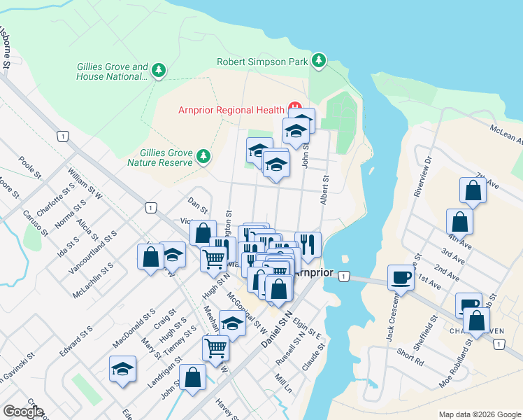 map of restaurants, bars, coffee shops, grocery stores, and more near 59 Ottawa Street in Arnprior