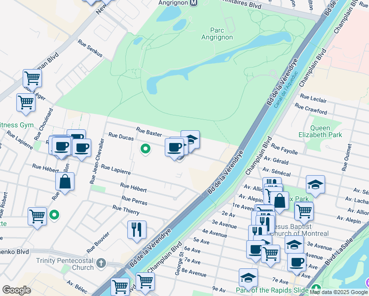 map of restaurants, bars, coffee shops, grocery stores, and more near 1197 Rue Ducas in Montréal