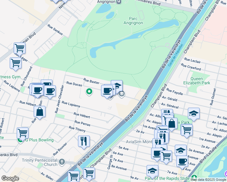 map of restaurants, bars, coffee shops, grocery stores, and more near 1197 Rue Ducas in Montréal