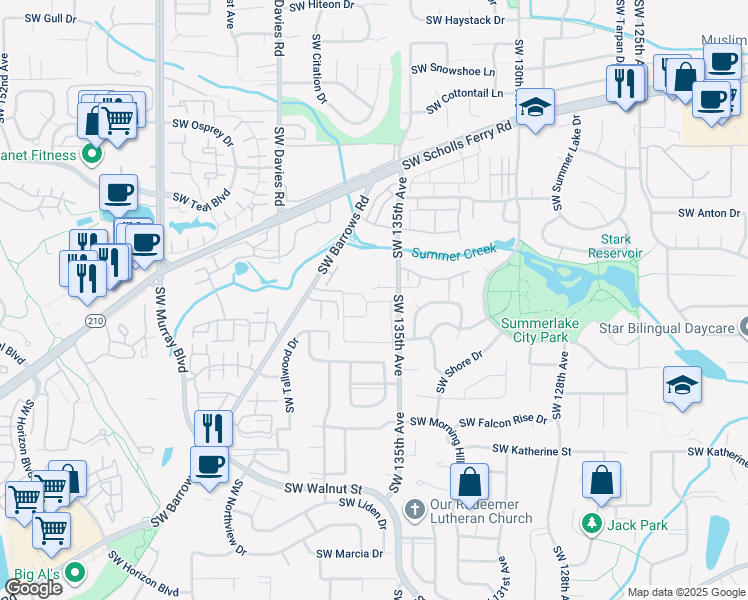 map of restaurants, bars, coffee shops, grocery stores, and more near 11415 Southwest 135th Avenue in Tigard