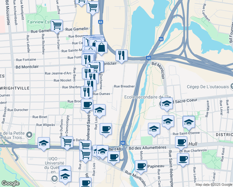 map of restaurants, bars, coffee shops, grocery stores, and more near 219 Rue Breadner in Gatineau