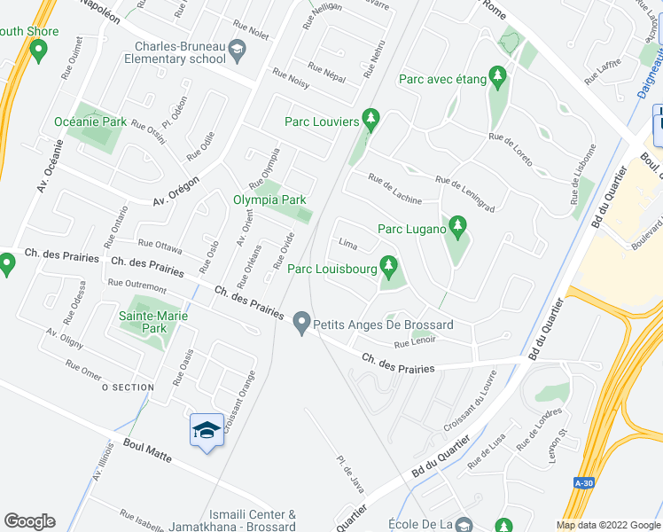 map of restaurants, bars, coffee shops, grocery stores, and more near 7595 Loire in Brossard
