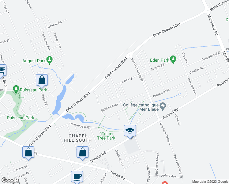 map of restaurants, bars, coffee shops, grocery stores, and more near 603 Compass Street in Ottawa