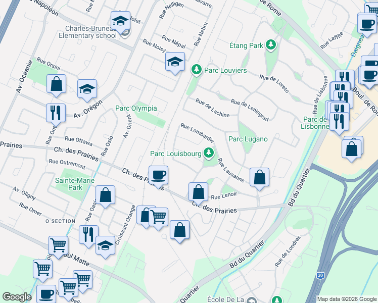 map of restaurants, bars, coffee shops, grocery stores, and more near 7700 Loire in Brossard