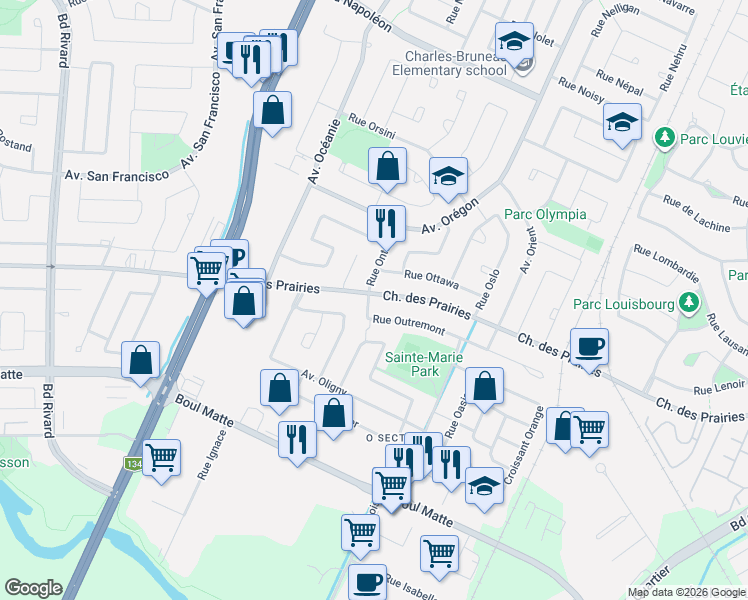 map of restaurants, bars, coffee shops, grocery stores, and more near 2400 Rue Outremont in Brossard