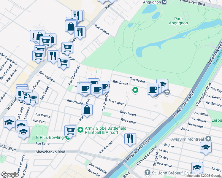 map of restaurants, bars, coffee shops, grocery stores, and more near 7500 Rue Jean-Chevalier in Montréal