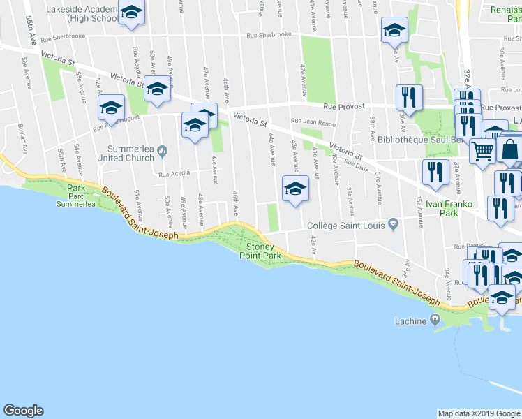 map of restaurants, bars, coffee shops, grocery stores, and more near 54 45e Avenue in Montréal