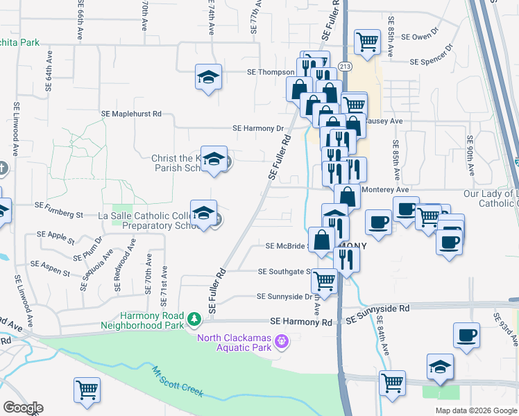 map of restaurants, bars, coffee shops, grocery stores, and more near 11661 Southeast Fuller Road in Milwaukie