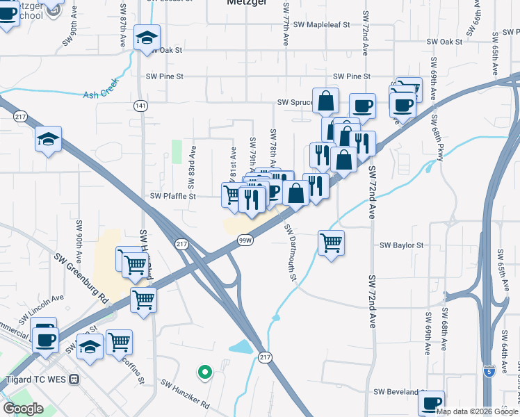 map of restaurants, bars, coffee shops, grocery stores, and more near 7825 Southwest Pfaffle Street in Tigard