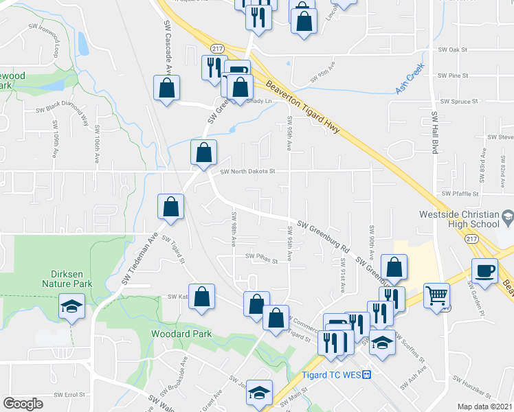 map of restaurants, bars, coffee shops, grocery stores, and more near 11345 Southwest 97th Court in Tigard