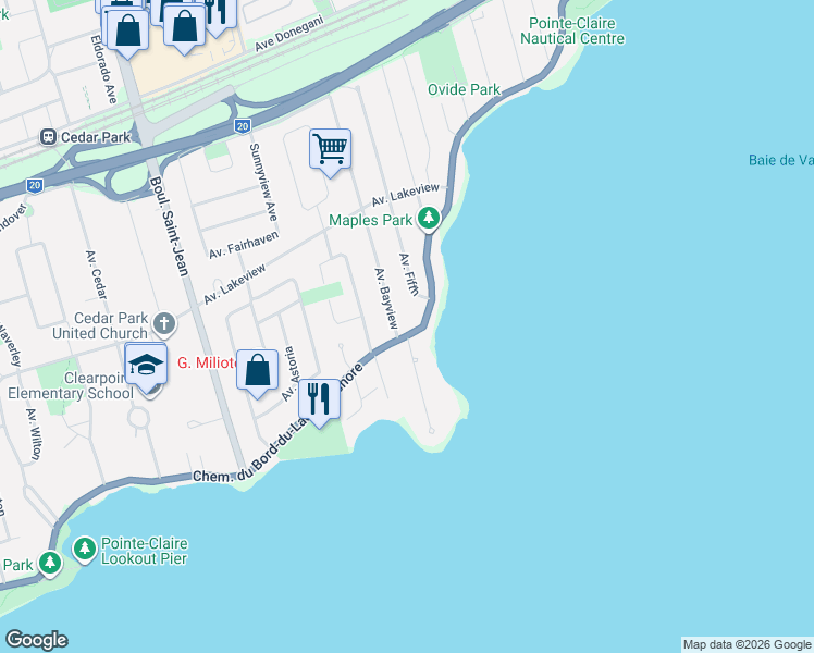 map of restaurants, bars, coffee shops, grocery stores, and more near 147 Chemin du Bord-du-Lac-Lakeshore in Pointe-Claire
