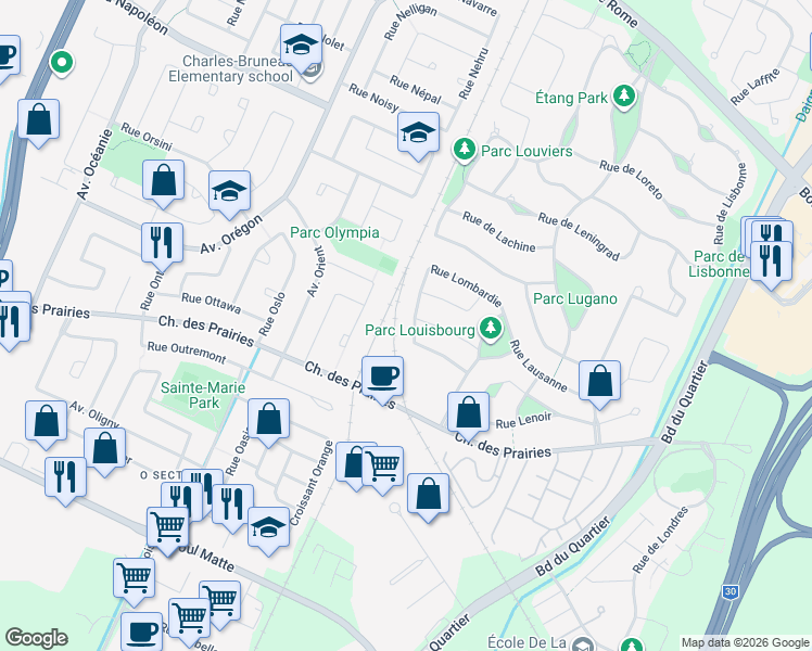 map of restaurants, bars, coffee shops, grocery stores, and more near 4490 Rue Lombardie in Brossard