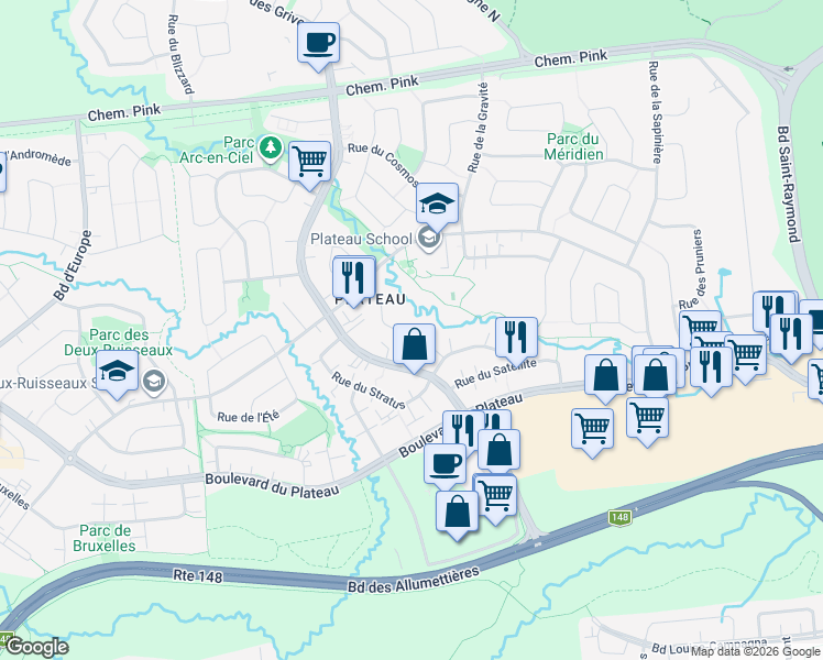 map of restaurants, bars, coffee shops, grocery stores, and more near 12 Rue de l'Horizon in Gatineau