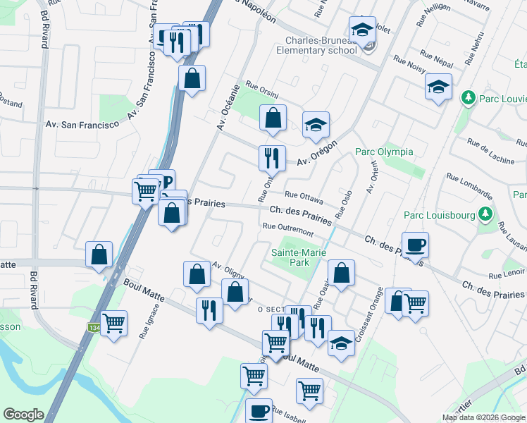 map of restaurants, bars, coffee shops, grocery stores, and more near 2400 Rue Outremont in Brossard