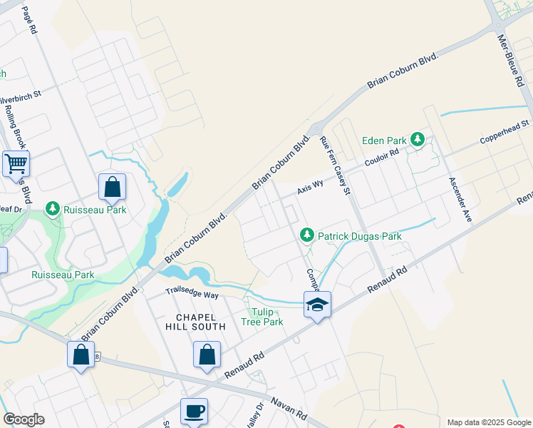 map of restaurants, bars, coffee shops, grocery stores, and more near 120 Wild Calla Way in Ottawa