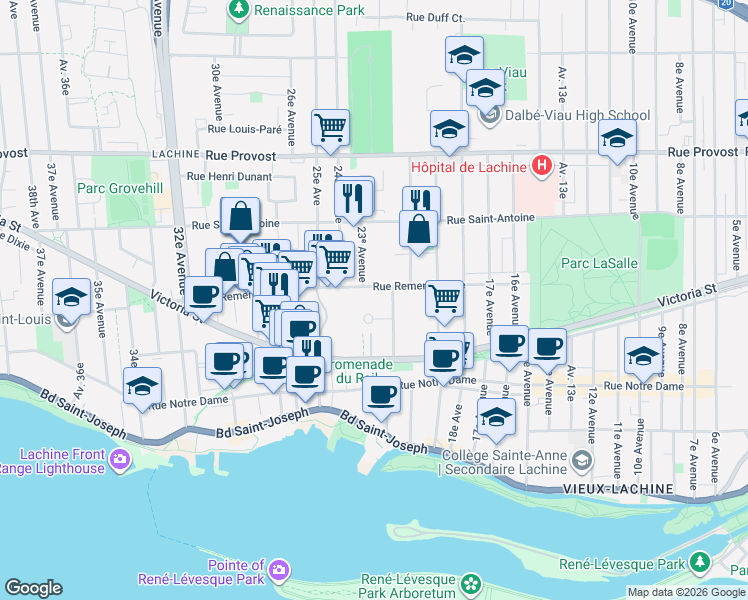 map of restaurants, bars, coffee shops, grocery stores, and more near 2125 Rue Remembrance in Montréal